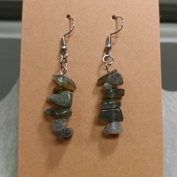 Labradorite Earrings Natural Gemstone Crystal Chip Beaded Surgical Stainless - Picture 3 of 13